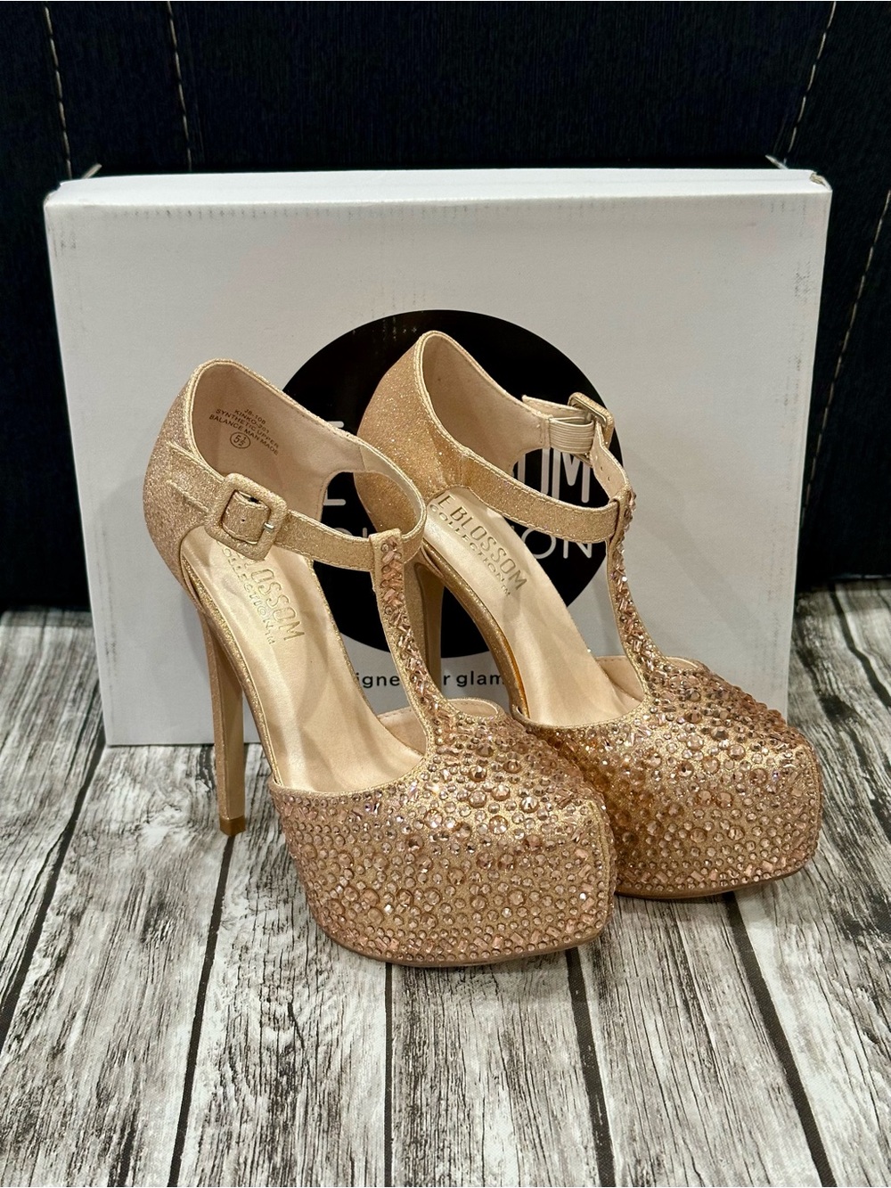Moon Collection Rose Gold T-Strap Crystal Platform Heels